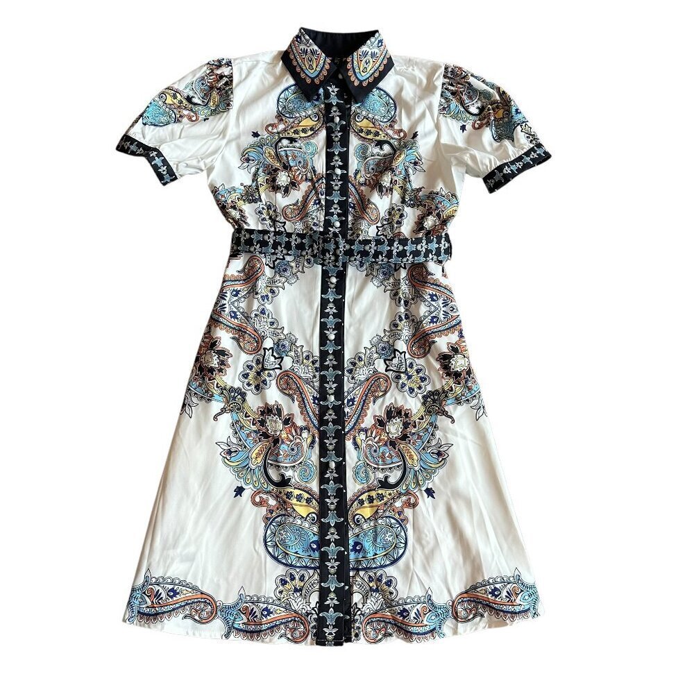 Kaimilan White Floral Print Knee-Length Dress Button-Down w/ Belt Size 8 NWT